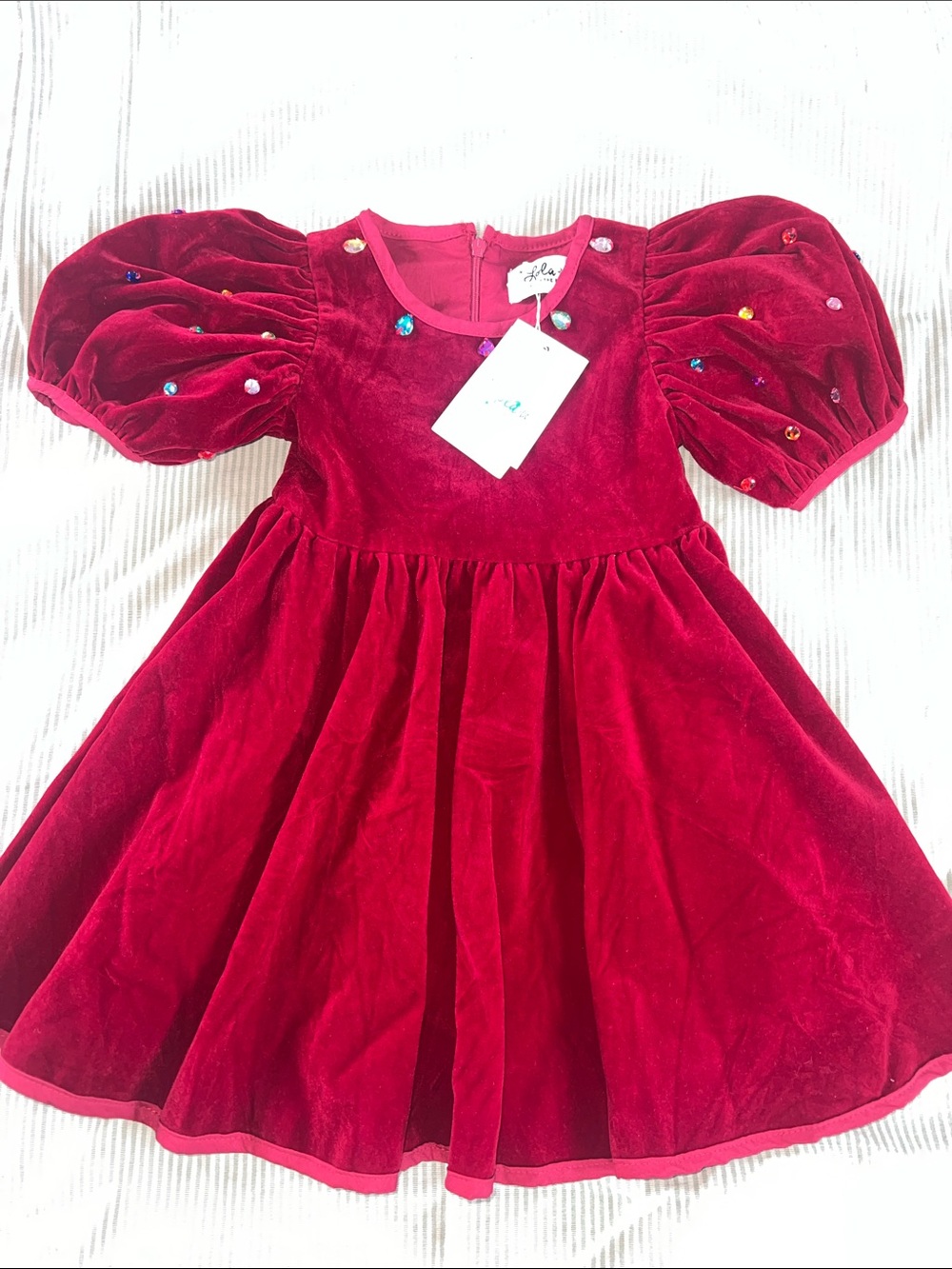 Lola and the boys  Red Velvet Puff-Sleeve Party Dress with Sequin Accents